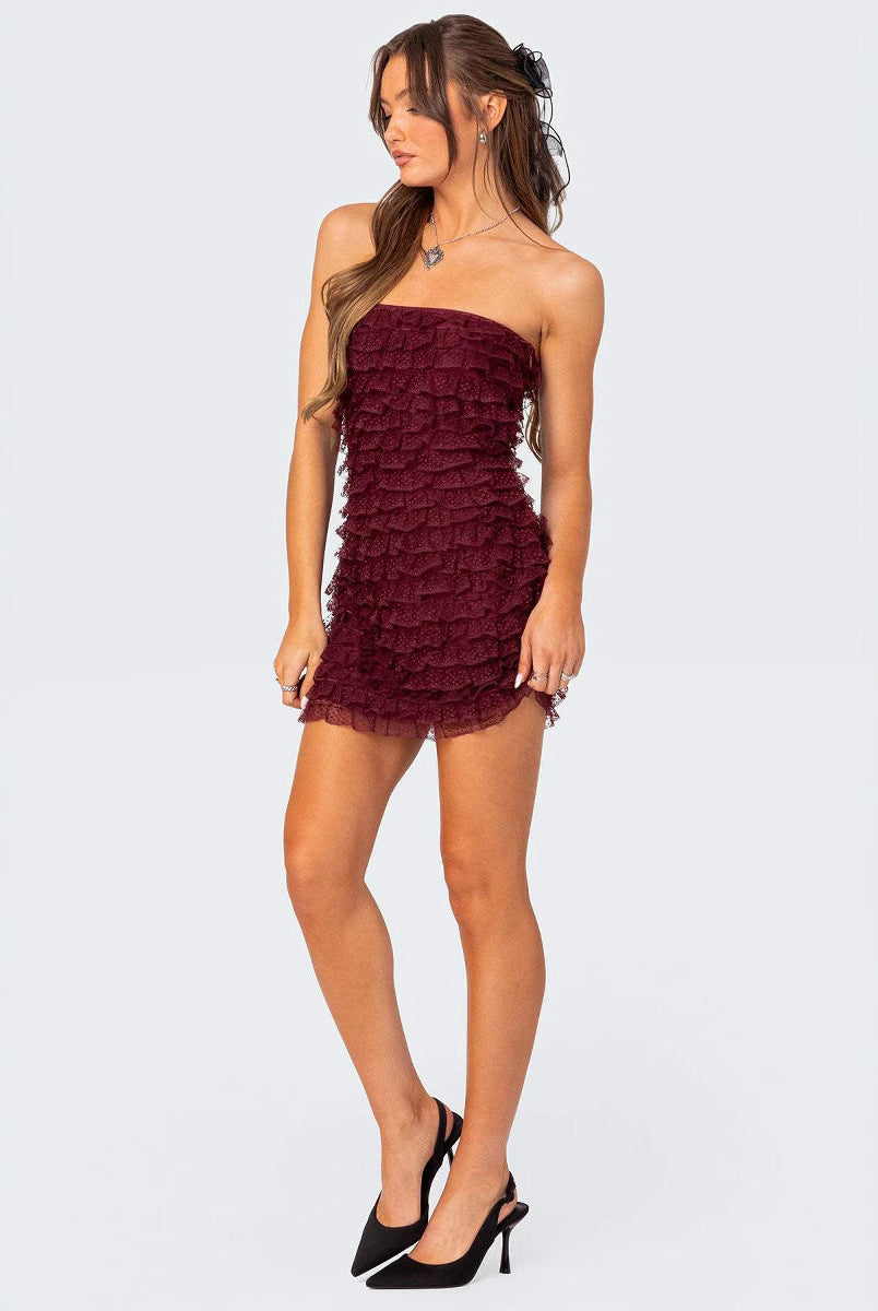 Red Lumina Vancouver Radegonde strapless ruffled mini dress featuring a fitted bodice and flared skirt, perfect for stylish occasions.