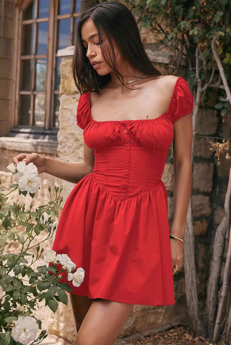 Red Lumina Wear Clementina mini dress with button front A-line silhouette, perfect for casual and summer wear.