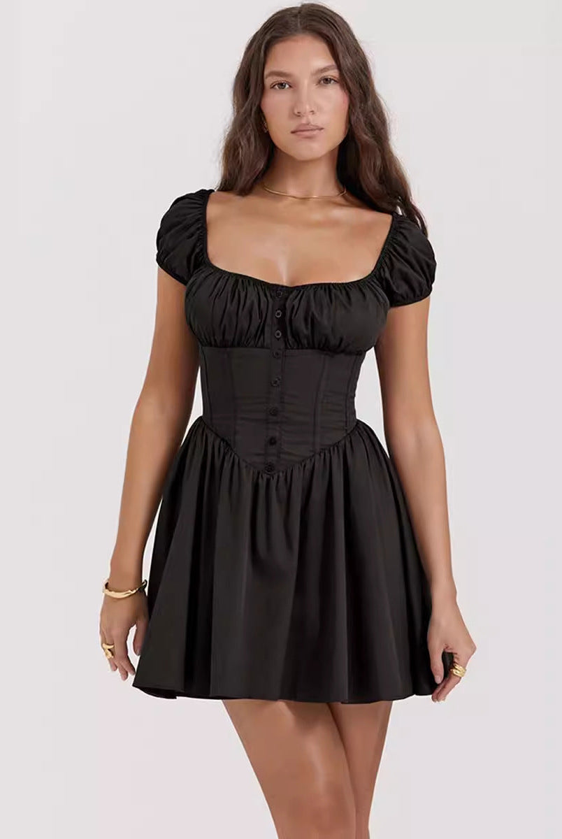 Red Lumina Vancouver Clementina button-front A-line mini dress, stylish and casual, shown on a model.