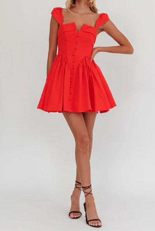 Red Lumina Vancouver Fenella mini dress with square neckline, form-fitting design, and sleeveless style on a model.
