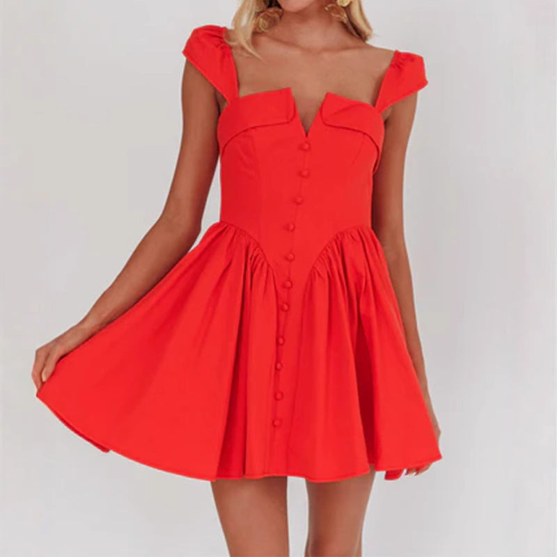 Red Fenella mini dress with square neckline by Lumina Vancouver, featuring a fitted silhouette and stylish design.