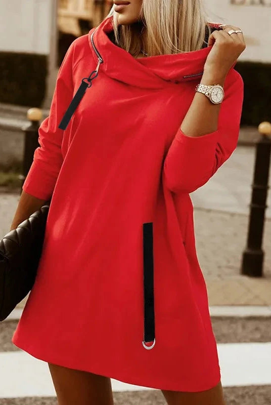 Red StellarNovaBloom sweatshirt dress by Lumina Vancouver, a stylish mini dress with a cozy, relaxed fit.