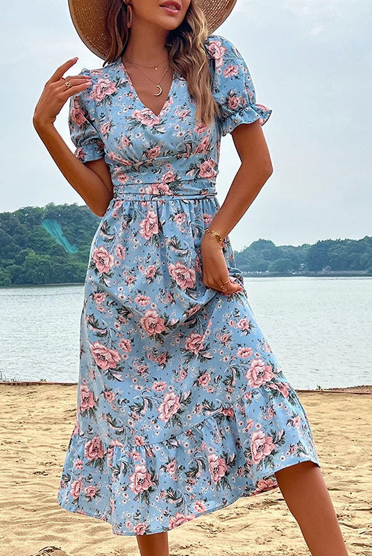 Lumina Vancouver Astra floral print midi dress, stylish mini dress with vibrant floral pattern and flowing fabric.