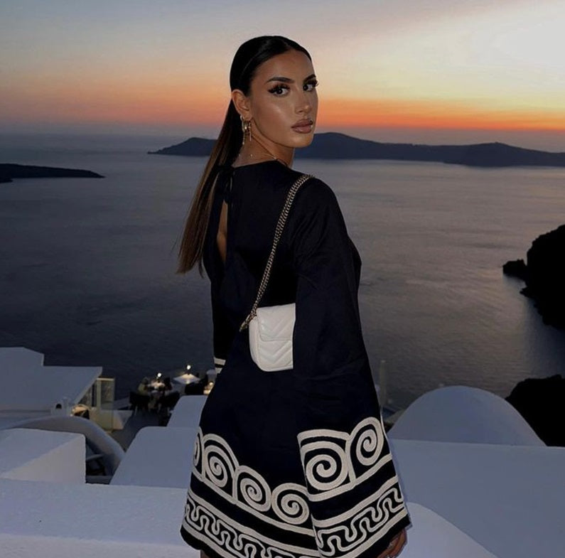 Lumina Vancouver Nova loose fit mini dress with geometric pattern, showcasing a stylish, comfortable design.
