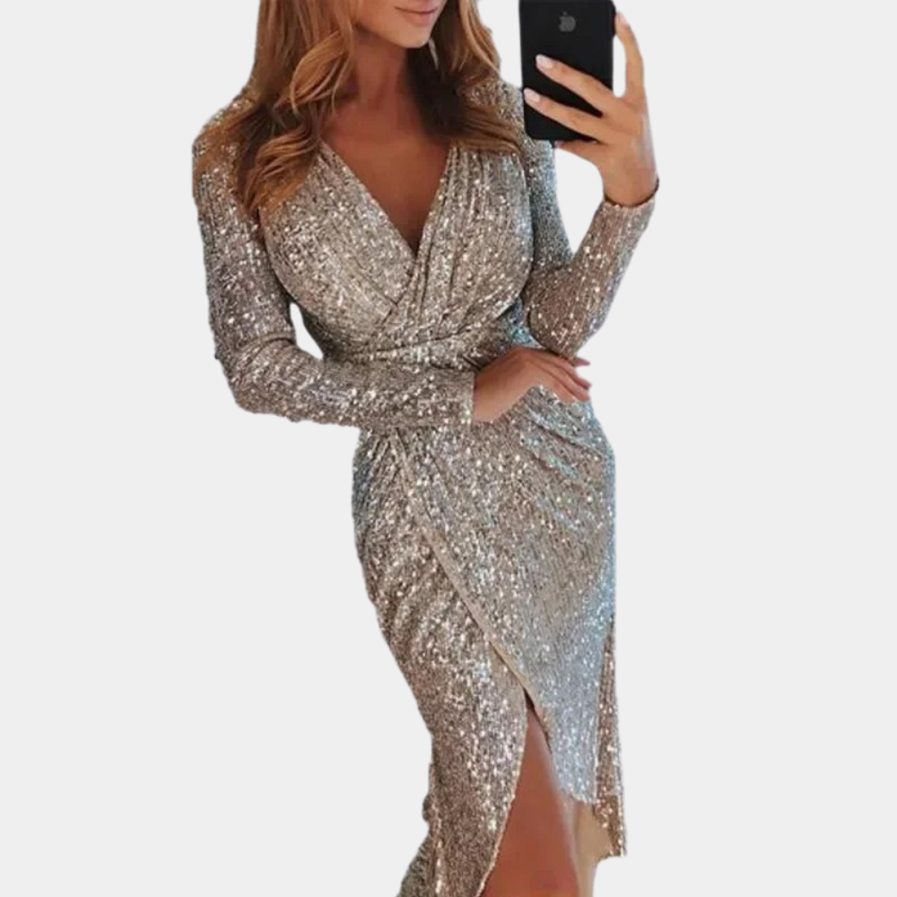 Silver Elara sequin mini dress with wrap style from Lumina Wear, featuring a shimmering, fitted design for elegant evening wear.