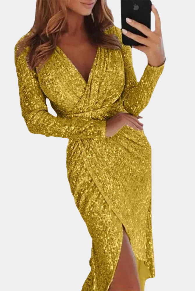 Silver Elara sequin mini dress with wrap style from Lumina Wear, featuring shimmering sequins and elegant design.