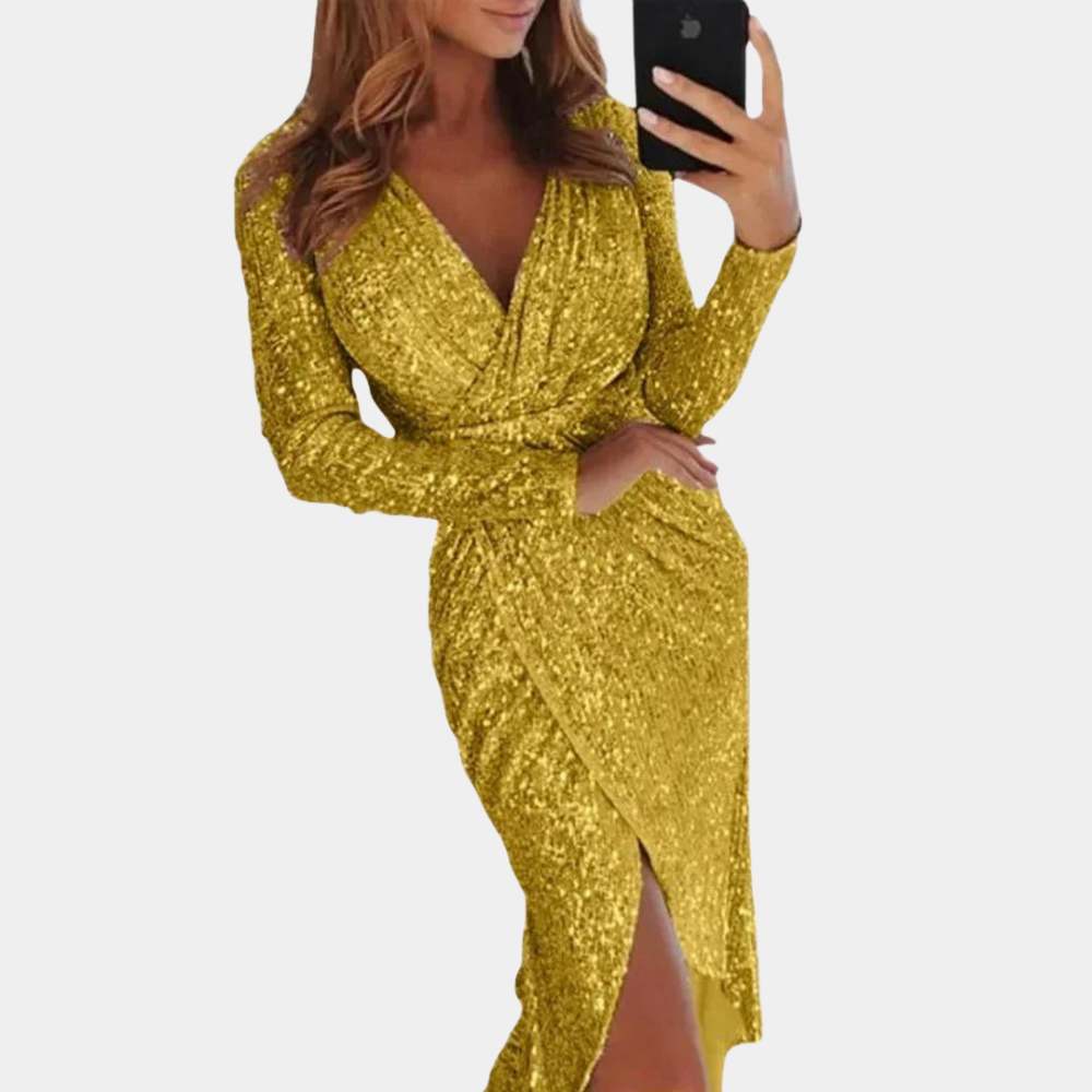Silver Elara sequin mini dress with wrap style from Lumina Wear, featuring shimmering sequins and elegant design.