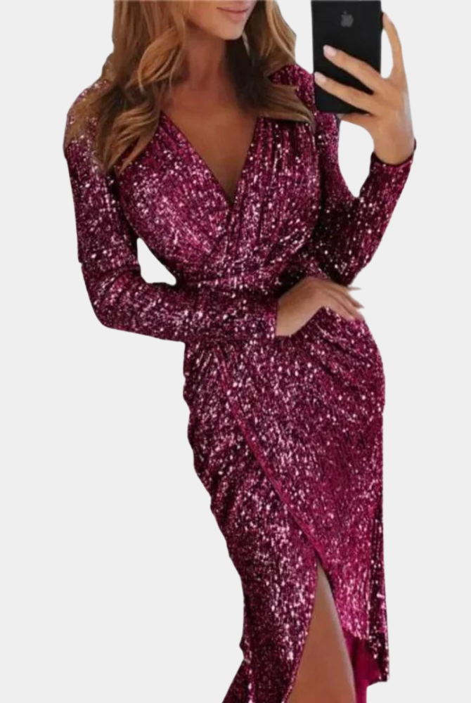 Silver Elara sequin mini dress with wrap style by Lumina Wear, featuring a shimmering sequin design and elegant fit.