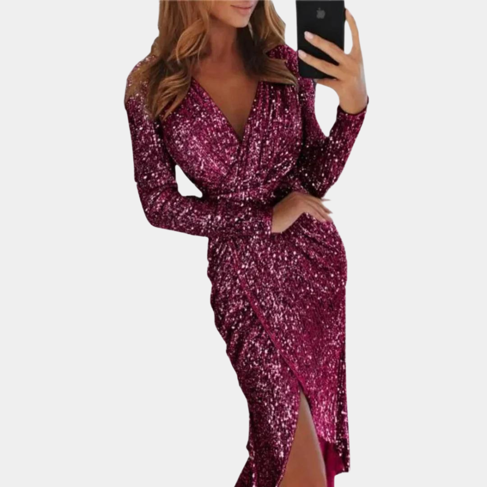 Silver Elara sequin mini dress with wrap style by Lumina Wear, featuring a shimmering sequin design and elegant fit.