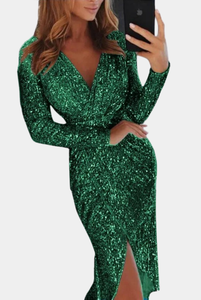 Silver Elara sequin mini dress with wrap style from Lumina Wear, showcasing shimmering sequins and elegant design.