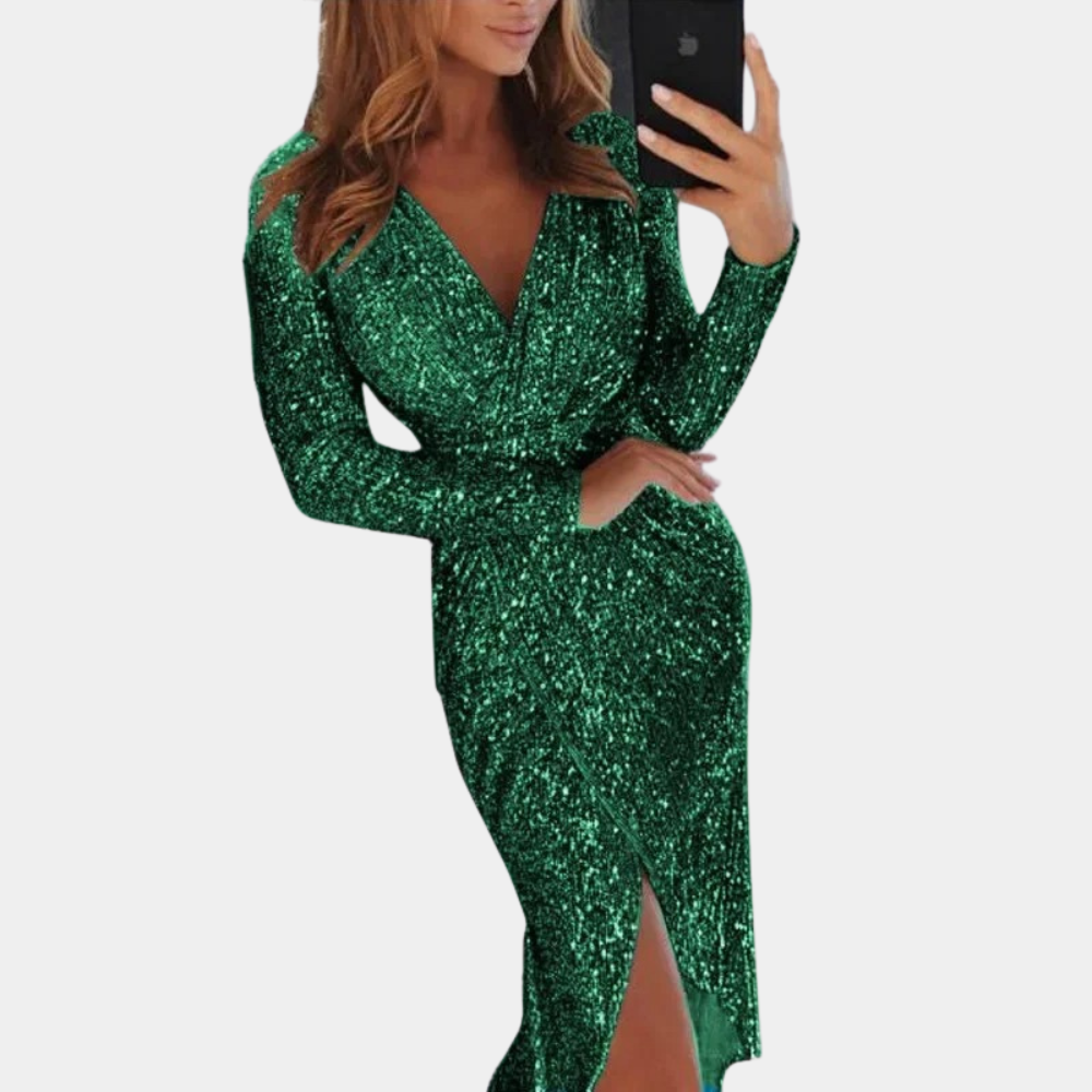 Silver Elara sequin mini dress with wrap style from Lumina Wear, showcasing shimmering sequins and elegant design.
