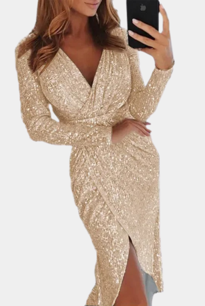 Silver Elara sequin mini dress with wrap style from Lumina Wear, featuring shimmering sequins and a flattering silhouette.