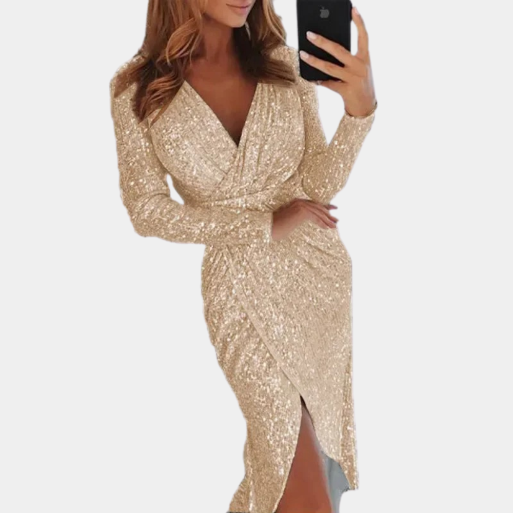 Silver Elara sequin mini dress with wrap style from Lumina Wear, featuring shimmering sequins and a flattering silhouette.