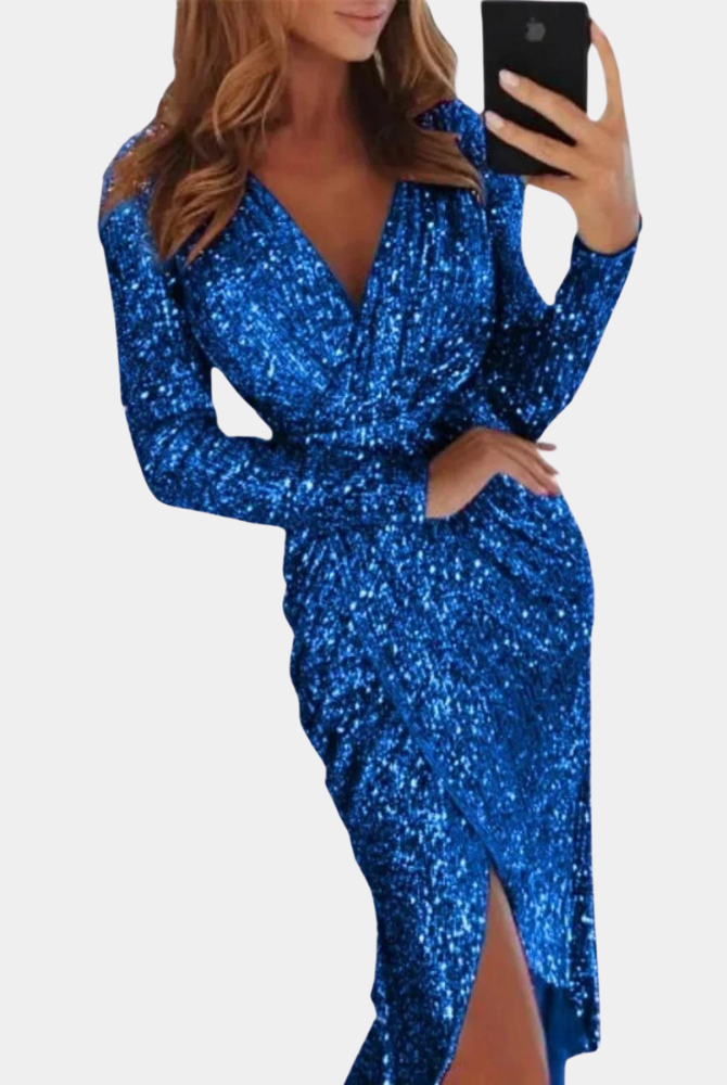 Silver Elara sequin mini dress with wrap style by Lumina Wear, featuring shimmering sequins and a fitted, stylish design.