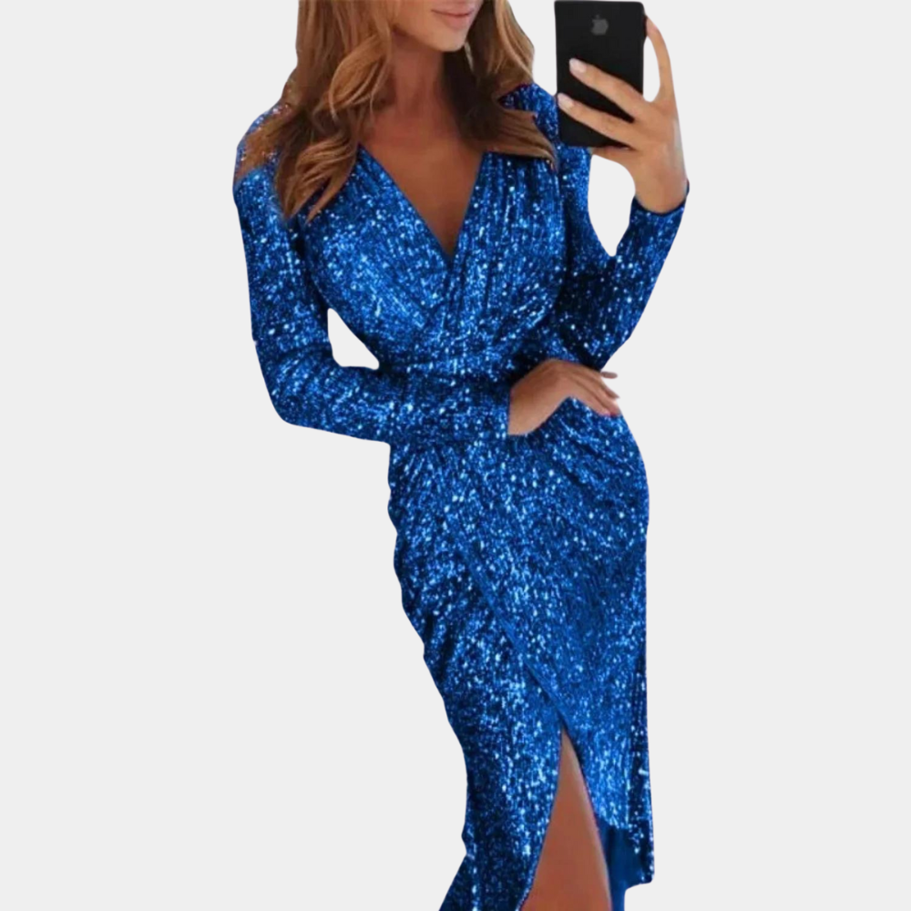 Silver Elara sequin mini dress with wrap style by Lumina Wear, featuring shimmering sequins and a fitted, stylish design.