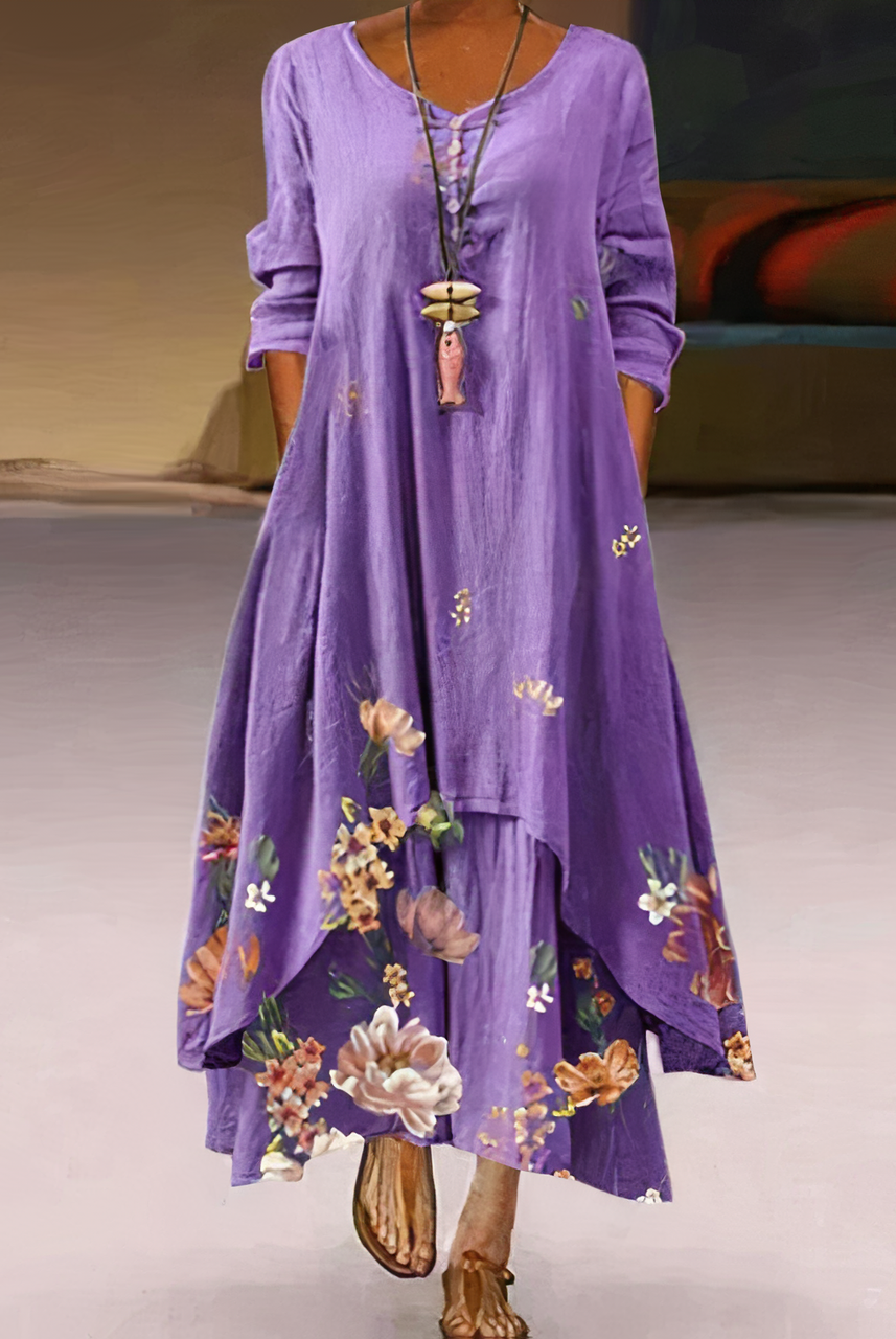 Aurelia casual long sleeve mini dress by Lumina Wear featuring watercolor-inspired design and relaxed fit.