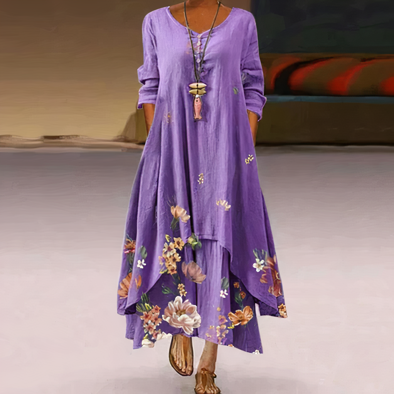 Aurelia casual long sleeve mini dress by Lumina Wear featuring watercolor-inspired design and relaxed fit.