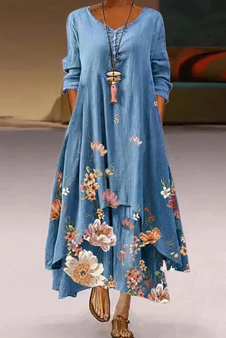 Aurelia casual long sleeve mini dress by Lumina Wear featuring watercolor print and relaxed fit, displayed on a mannequin.