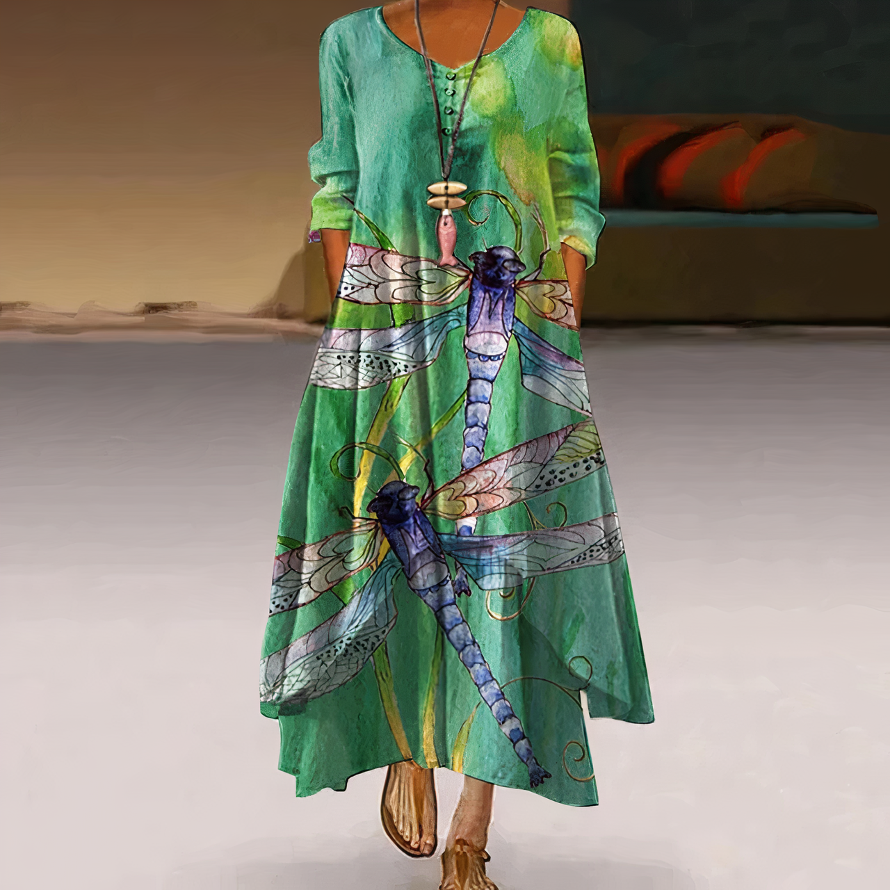 Aurelia Lumina casual long sleeve mini dress with watercolor print, featuring a relaxed fit and elegant style.