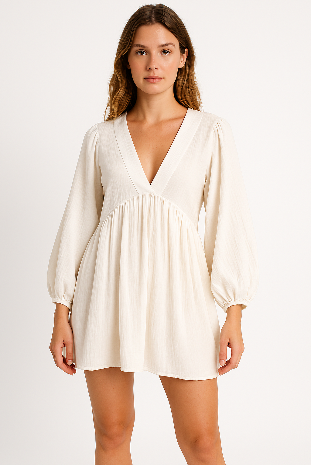 White Jacinta mini dress by Lumina Wear featuring a sheer V-neck and a free-size fit, shown on a model.