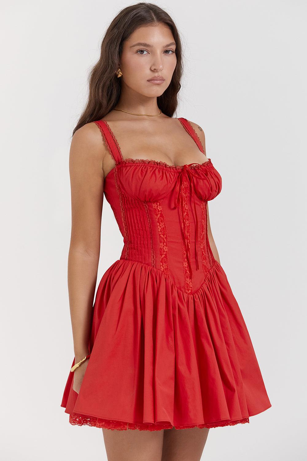 White Lumina Vancouver mini dress with lace trim on bodice, featuring a fitted silhouette and delicate detailing.