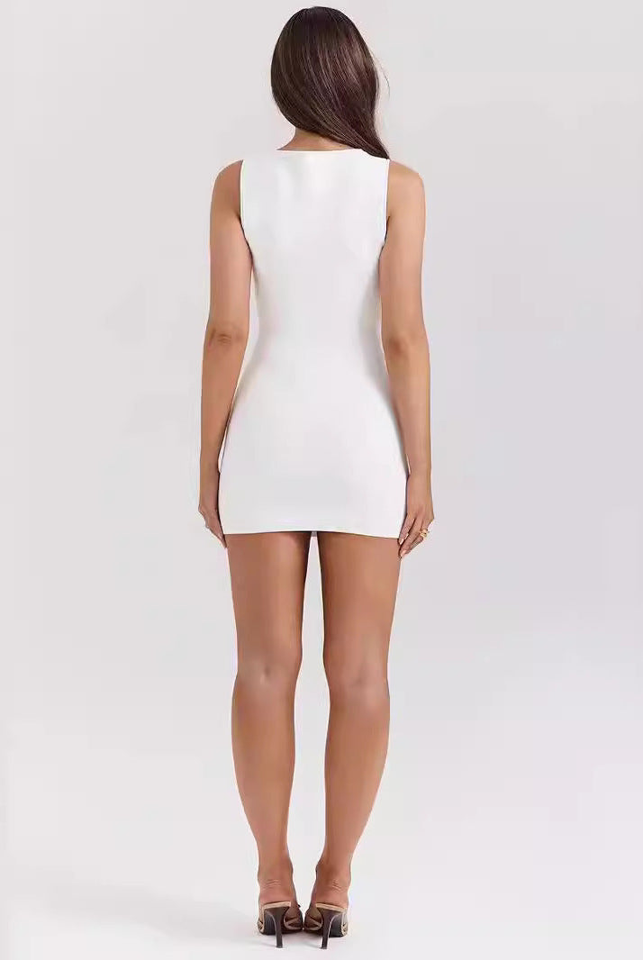 Lumina Vancouver Astra Luxe Minimalist White Mini Dress, front view showing sleek design and clean silhouette.