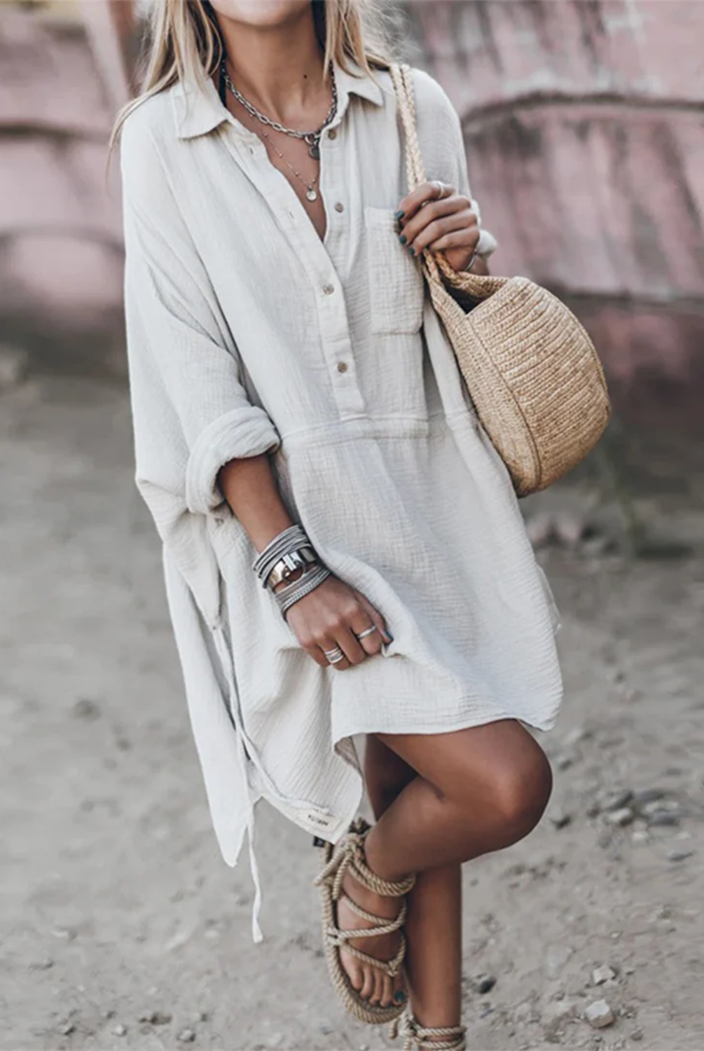 White Celeste Ocean Breeze mini shirtdress by Lumina Vancouver, featuring a lightweight, casual design perfect for warm-weather wear.