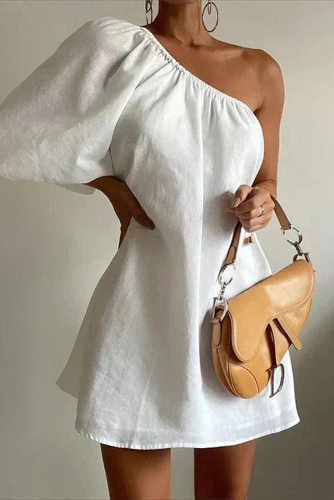 Lumina Wear Godeliève one-shoulder white mini dress with elegant fit, perfect for stylish occasions.