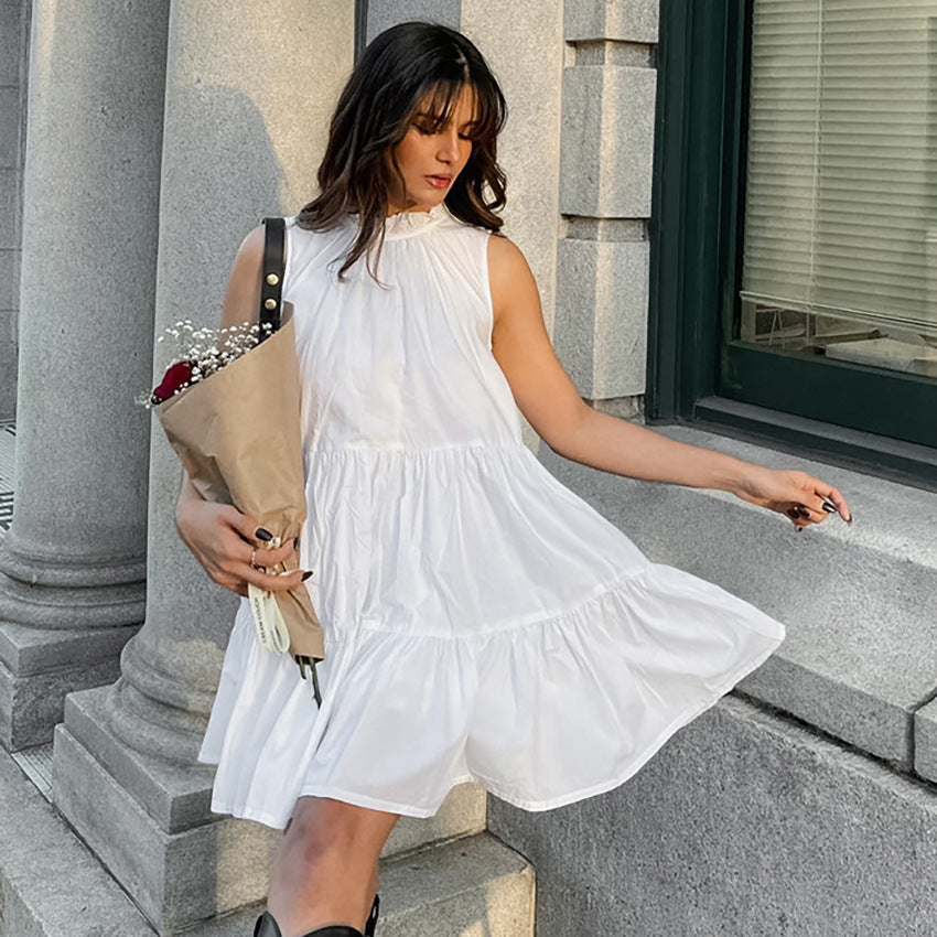 White Lumina Vancouver Nova Breeze sleeveless A-line mini dress, casual summer dress with a fitted bodice and flared skirt.