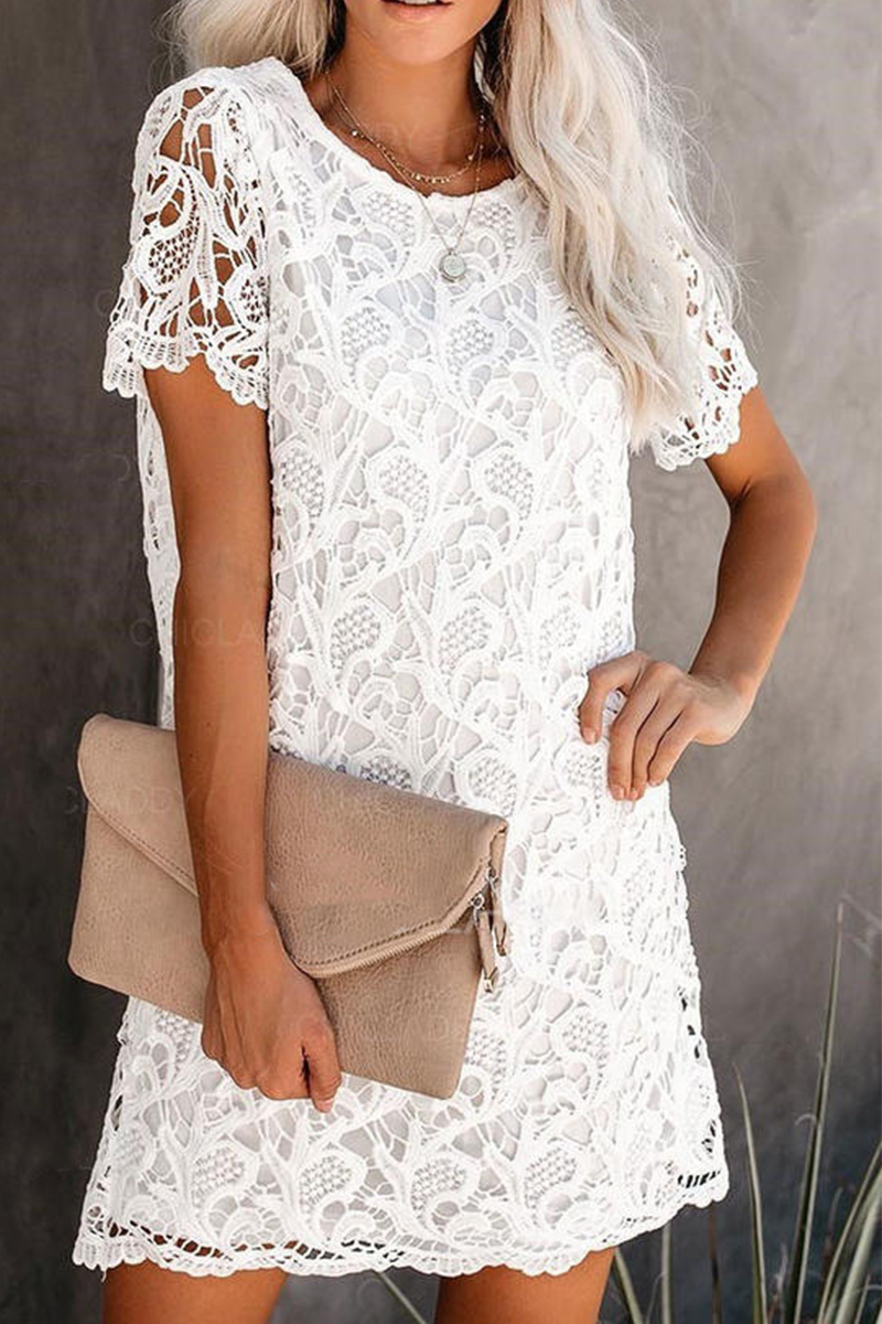 White Nova lace sheath mini dress by Lumina Vancouver, knee-length with intricate lace details and a fitted silhouette.