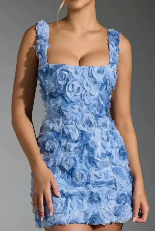 White Lumina Wear Honoria mini dress with 3D floral textured fabric, stylish short dress for fashionable occasions.