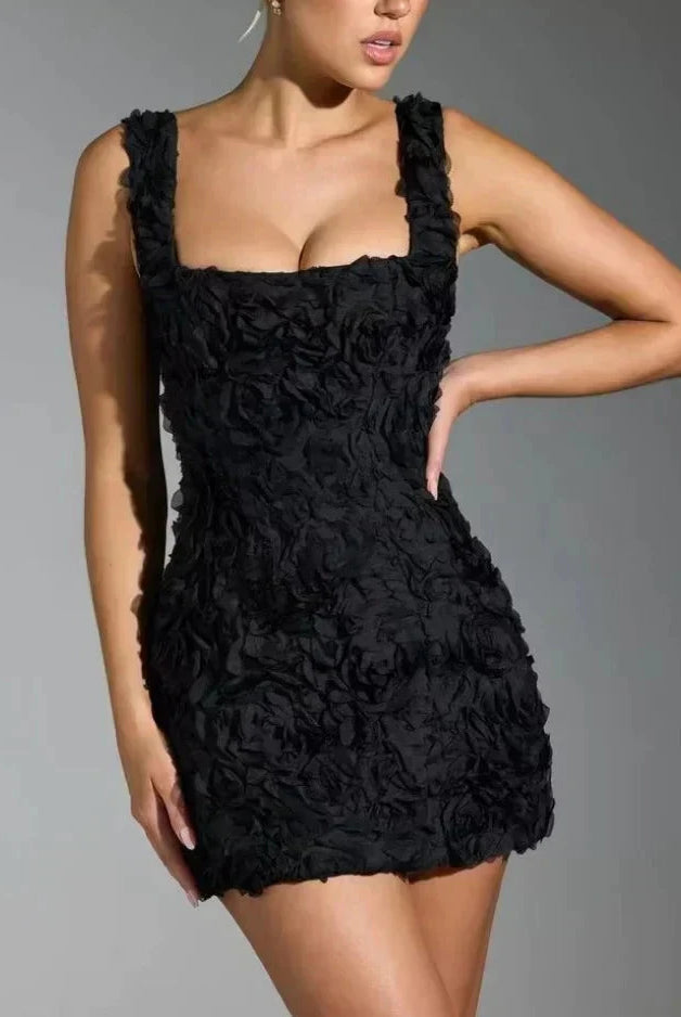 White Lumina Wear Honoria Mini Dress with 3D floral textured fabric, stylish and form-fitting for elegant occasions.