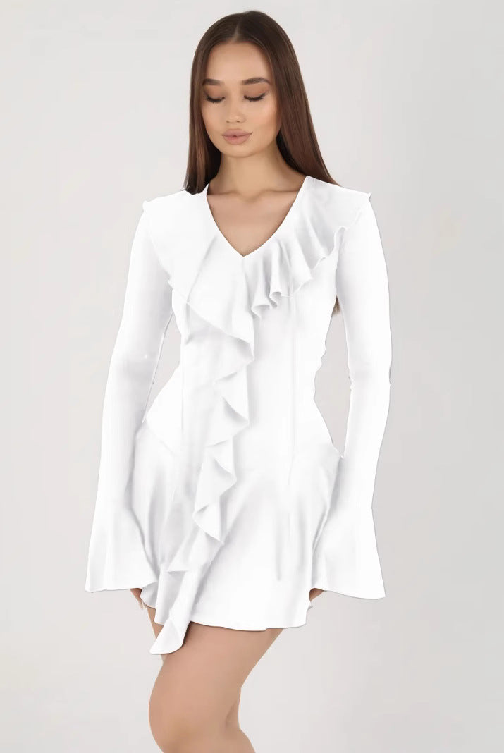 White Lumina Vancouver Nova slim fit V-neck mini dress displayed on a hanger, showcasing its sleek, fitted design and V-neck style.