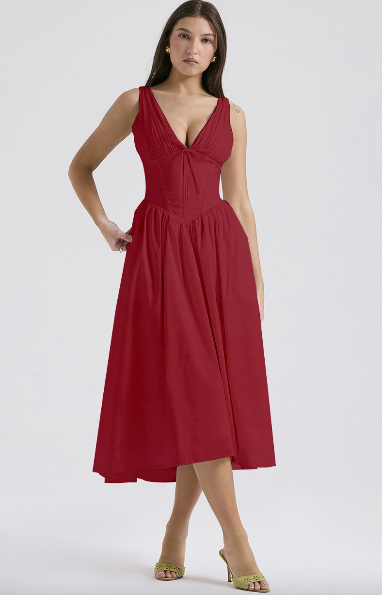 Yellow sleeveless Nova evening dress by Lumina Vancouver featuring a V-neck and floral pattern, perfect for special occasions.