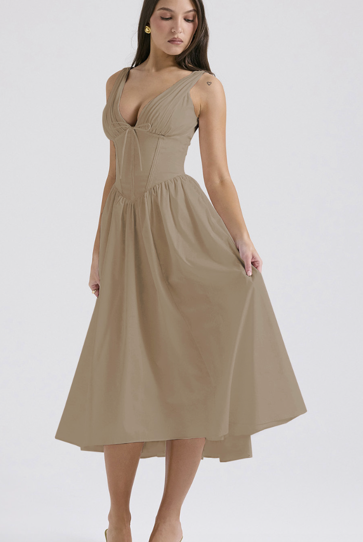 Yellow sleeveless Nova evening dress with V-neck and floral pattern by Lumina Vancouver, perfect for elegant occasions.