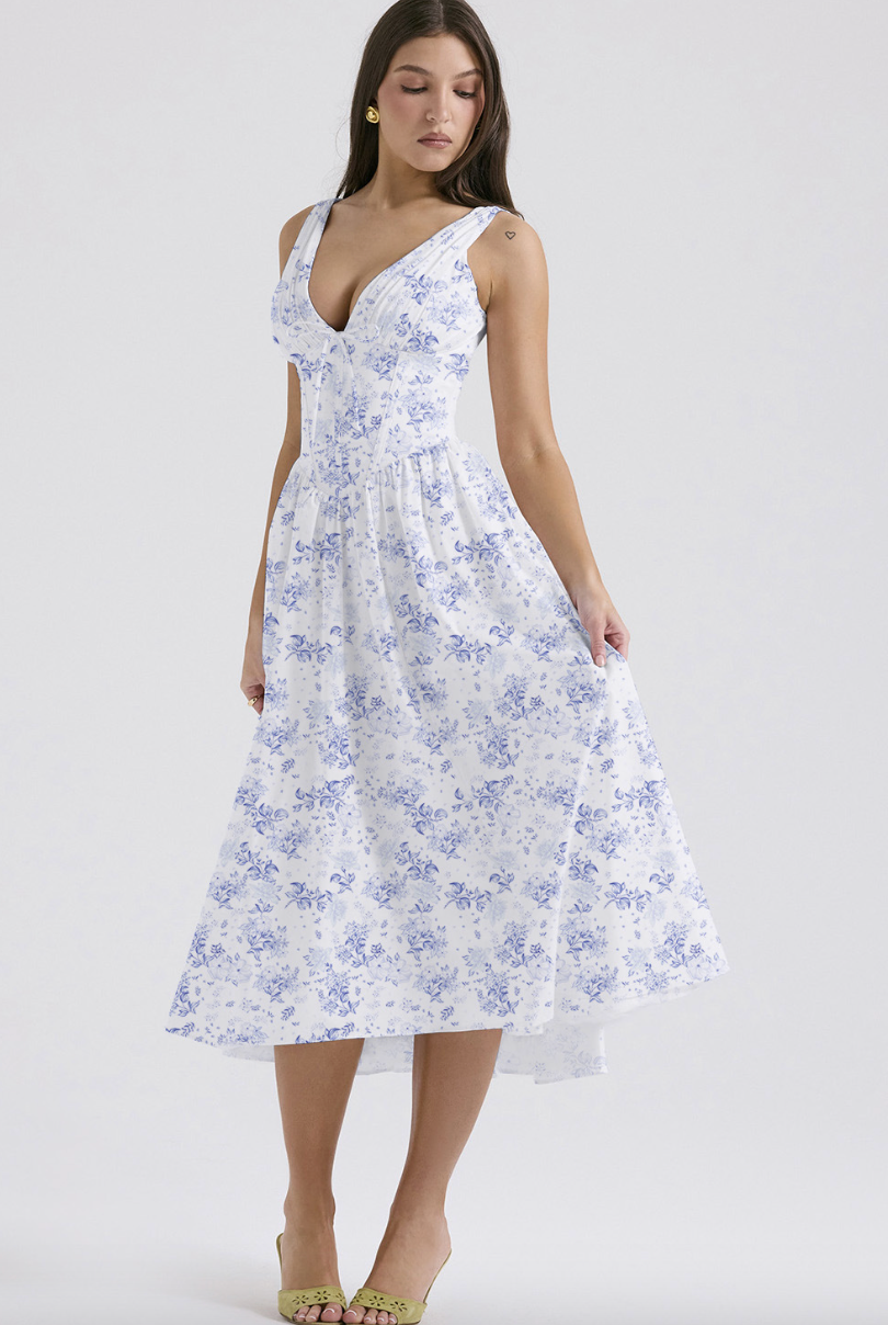 Yellow sleeveless Nova evening dress by Lumina Vancouver featuring a V-neck and floral pattern, perfect for elegant occasions.