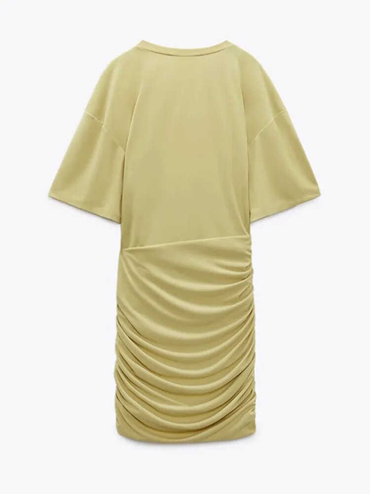 Yellow Lumina Vancouver Fiadh bodycon mini dress with short sleeves, fitted silhouette, and stylish design.