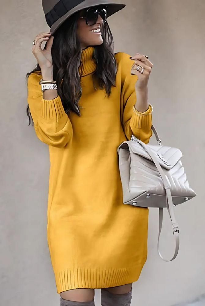 Yellow Lumina Vancouver Perdita knit ribbed mini dress with turtleneck, showcasing a fitted, stylish design with long sleeves.