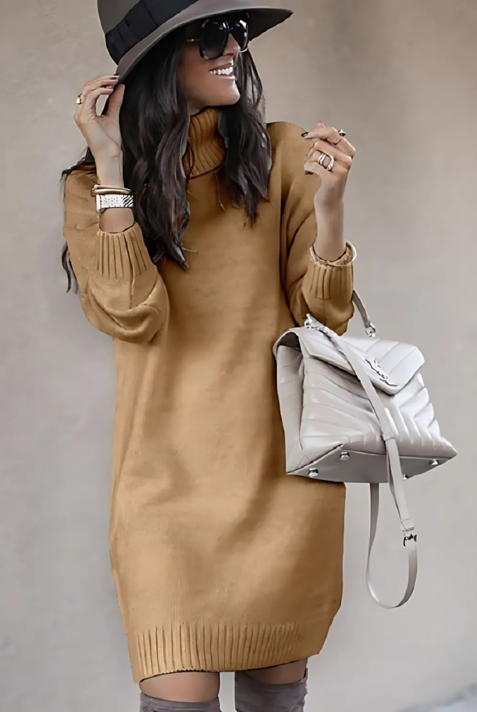 Yellow Lumina Wear Perdita knit ribbed mini dress with turtleneck, featuring a fitted silhouette and long sleeves.