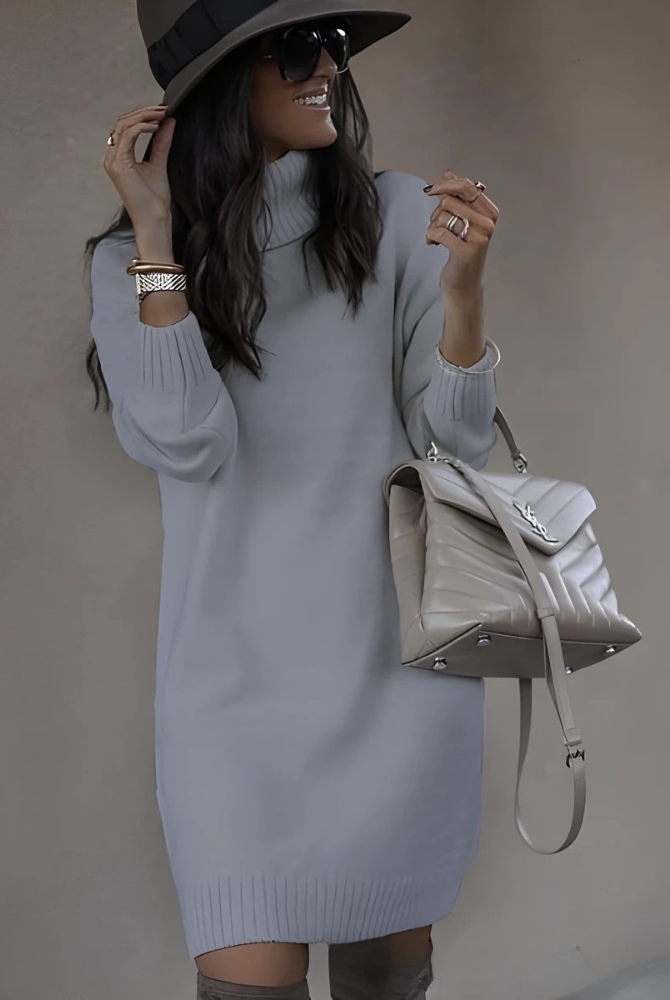Yellow Lumina Wear Perdita knit ribbed mini dress with turtleneck, showing the fitted mini dress on a model.
