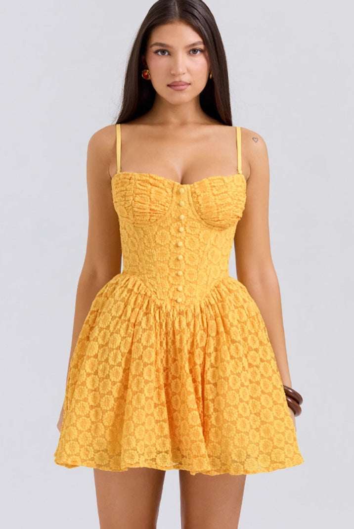 Yellow Nova Lace Jacquard Mini Dress by Lumina Vancouver, featuring intricate lace pattern and fitted silhouette.