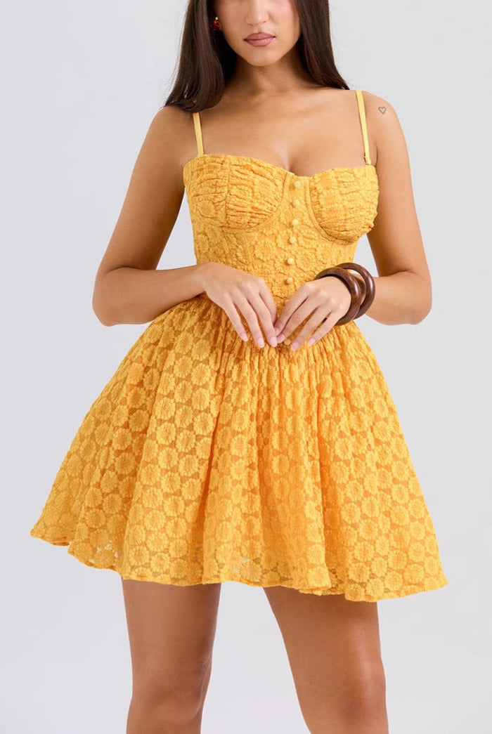 Yellow Nova Lace Jacquard Mini Dress by Lumina Vancouver, fitted with intricate lace pattern and stylish mini length.