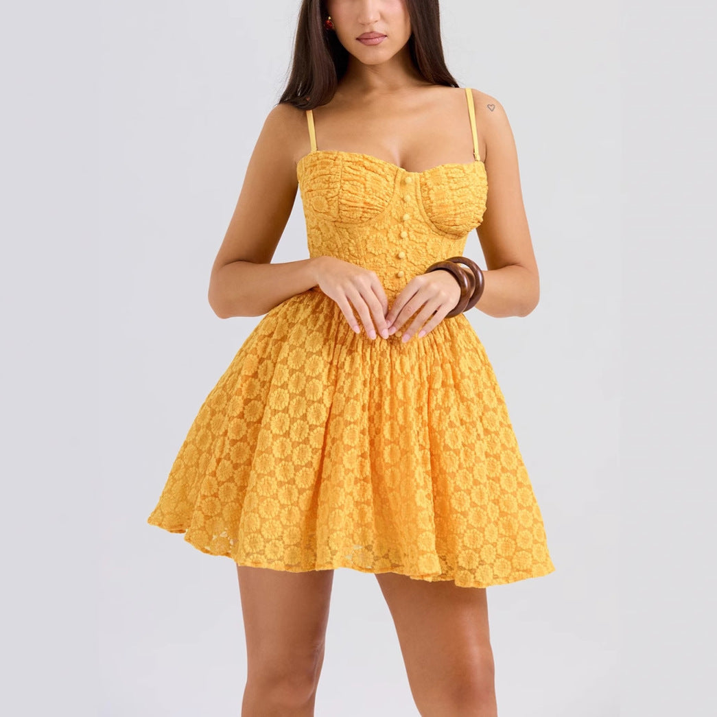 Yellow Nova Lace Jacquard Mini Dress by Lumina Vancouver, fitted with intricate lace pattern and stylish mini length.