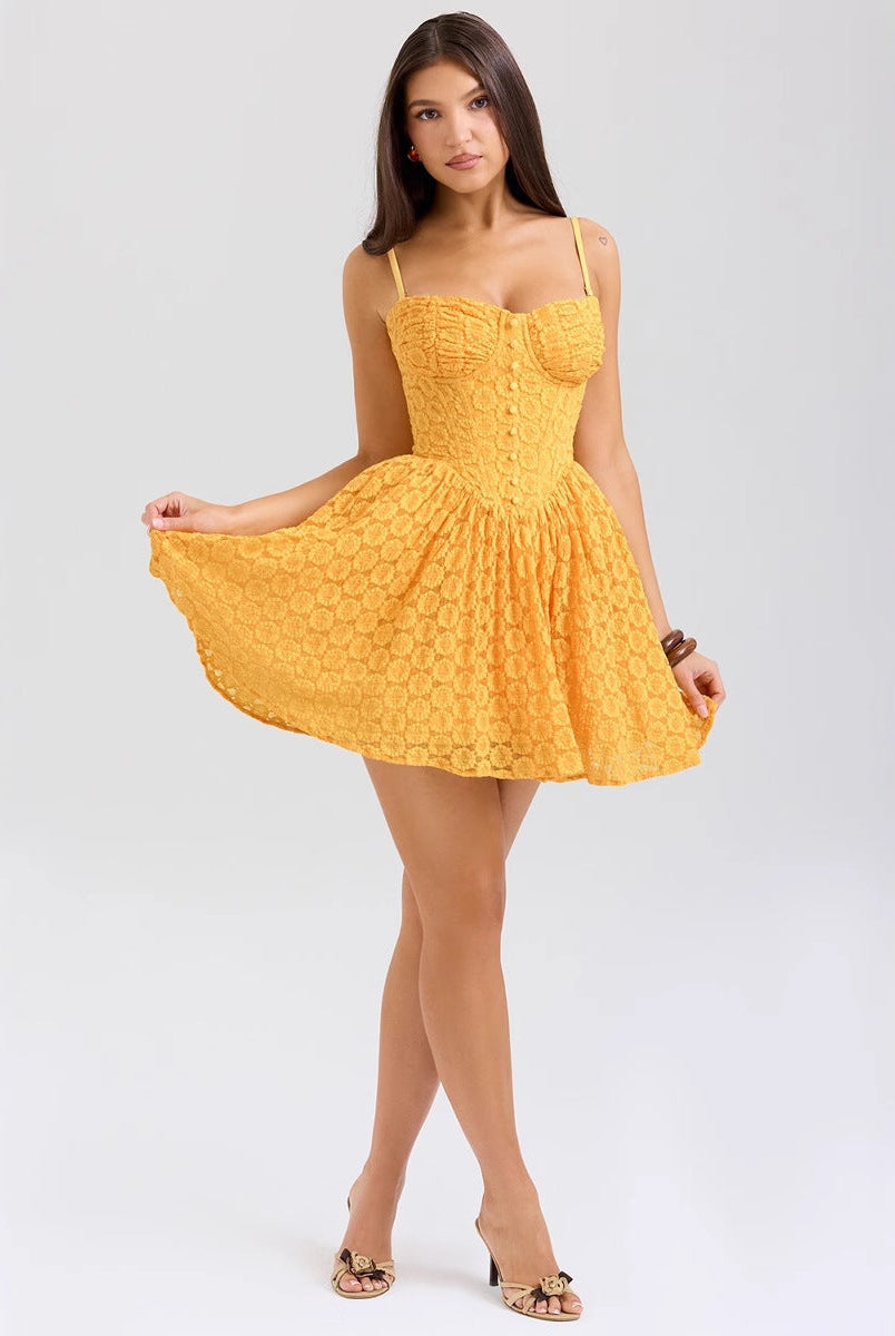 Yellow Nova lace jacquard mini dress by Lumina Vancouver, featuring intricate lace details and a stylish fit.