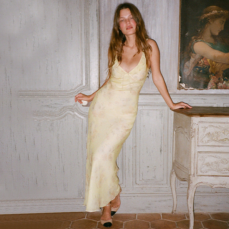 Lumina Vancouver Katarina slip dress in yellow satin finish, slim fit mini dress with elegant design and smooth texture.