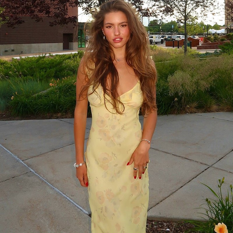 Yellow Lumina Vancouver Katarina slip dress with satin finish, slim fit, mini length, featuring elegant, smooth fabric.