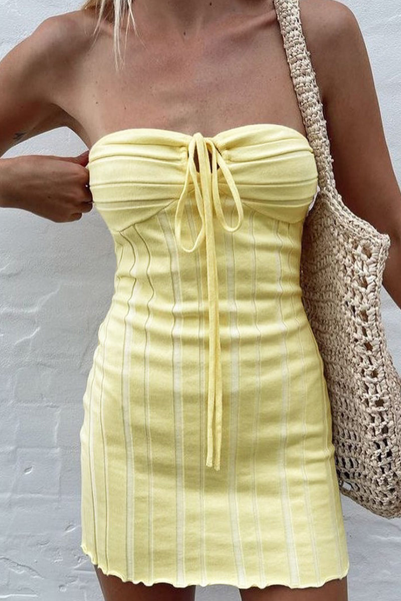 Yellow Lumina Vancouver Nova strapless ribbed mini dress, close-up of the fitted sleeveless style and textured fabric.