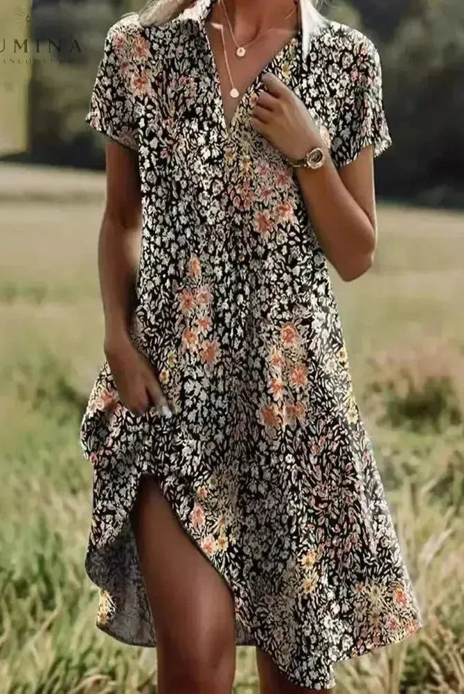 Lumina Wear Onerva Boho Vintage V-Neck Dress with floral pattern and relaxed fit, perfect for casual and summer wear.