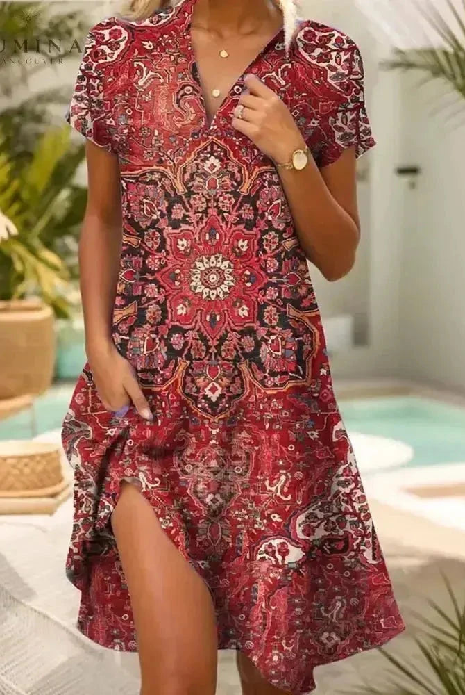Lumina Wear Onerva boho vintage V-neck dress with floral pattern, flowing fabric, and relaxed fit for casual and bohemian style.