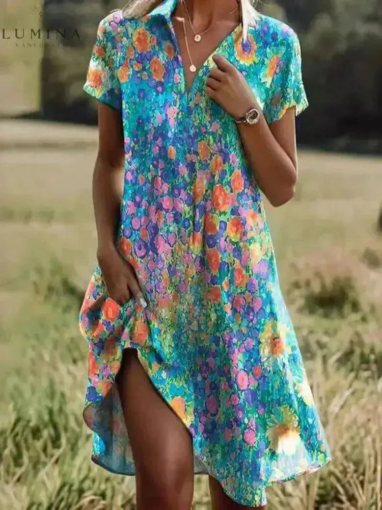 Lumina Vancouver Onerva Boho Vintage V-Neck Dress in floral print, flowing fabric, styled with boho accessories.